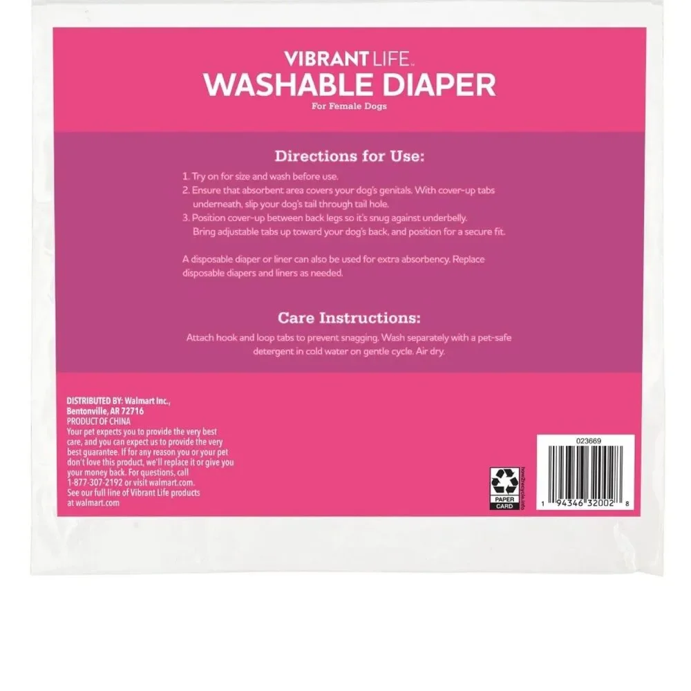Vibrant Life Reusable & Washable Dog Diapers (3 Pack) - for Female Dogs NEW NWT